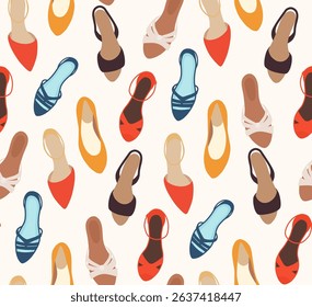 Vector seamless pattern with various women shoes on awhite background top view for fashion prints, wrapping paper, fabric design. Stylish and colorful flat style.