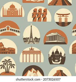 Vector seamless pattern with various world sights. Decorative background on a travel theme with famous architectural landmarks. Suitable for wallpaper, wrapping paper in retro style