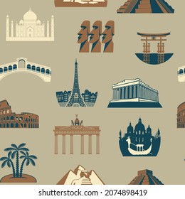 Vector seamless pattern with various world sights. Retro style repeating background on a travel theme with simple icons of architectural landmarks. Suitable for wallpaper, wrapping paper, fabric