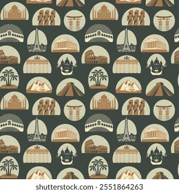 Vector seamless pattern with various world sights. Decorative background on a travel theme with famous architectural landmarks. Suitable for wallpaper, wrapping paper in retro style