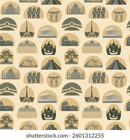 Vector seamless pattern with various world sights. Decorative background on a travel theme with famous architectural landmarks. Suitable for wallpaper, wrapping paper in retro style