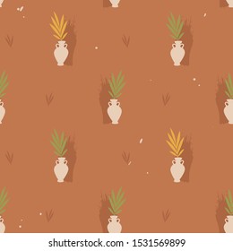 Vector seamless pattern with vase and leaves.