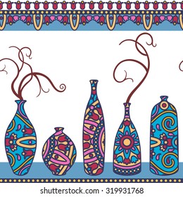 vector seamless pattern with vases and bottles