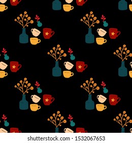 Vector seamless pattern of vases with a branch with autumn yellow leaves, three multi-colored mugs and small vases with red leaves. Decorative vector seamless illustration, good for printing. 