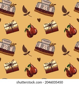 Vector seamless pattern. Vectorflat illustration with warm sweater, books, pears, leaves, autumn mood