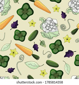 vector seamless pattern with vegetables. background with pepper, cauliflower, carrot and cucumber. for packaging design, menus, and fabrics. vegetarian and vegan style.