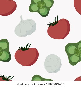 vector seamless pattern with vegetables. background with pepper, tomato, and garlic. for packaging, menu and fabric design. vegetarian and vegan style.
