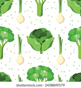 Vector seamless pattern with vegetables, broccoli, spring onions and dots on white background 