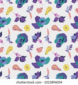 Vector seamless pattern with vegetables: cabbage, decorative pumpkin, carrots, beets. Trendy design for textiles
