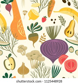 Vector seamless pattern with vegetables and fruit. Elements for design