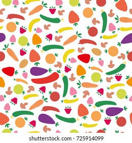 Vector seamless pattern with vegetables and fruits. Eco food background. Can be used for restaurant or cafe menu, design banners, wrapping paper, print on clothes. EPS10.