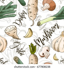 Vector seamless pattern with vegetables. Mushroom and daikon and garlic background. Hand drawn elements.