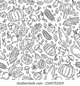 Vector seamless pattern with vegetables and mushrooms for the autumn harvest. Black linear plants in doodle sketch style. Pumpkins, mushrooms and broccoli.