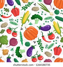 Vector seamless pattern with vegetables on white color. Colored pattern on the theme of organic, vegetarian food. Background for use in design
