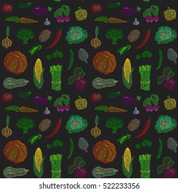 Vector seamless pattern of vegetables on dark background in cartoon or decorative embroidery style. Design best for posters, children textile, fabric prints, cards, restaurant menu, scrap-booking.
