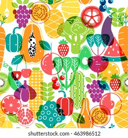 Vector seamless pattern of vegetables. Organic fruits and vegetables template. 