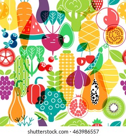 Vector seamless pattern of vegetables. Organic fruits and vegetables template. 