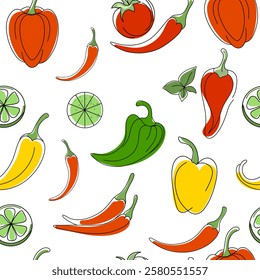 vector seamless pattern with vegetables. Pepper, tomato, chilli, lime. For food packaging design, restaurant menu, cafe menus, product labels, kitchen decor.