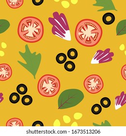 Vector seamless pattern with vegetables and salads. Ideal for restaurants, pizzarias, cafes, wallpapers and table clothes.
