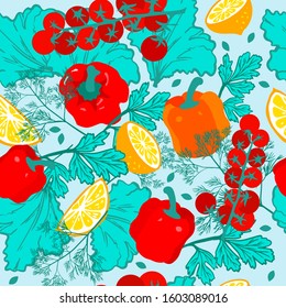 Vector seamless pattern of vegetables, spices, herbs, dishes, healthy food symbols, can be used as a restaurant advertisement or vegetables, fish. Printing on textiles, packaging.