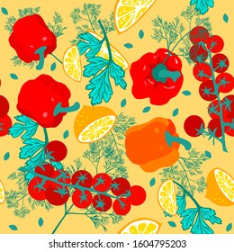 Vector seamless pattern of vegetables, spices, herbs, dishes, healthy food symbols, can be used as a restaurant advertisement or vegetables, fish. Printing on textiles, packaging.