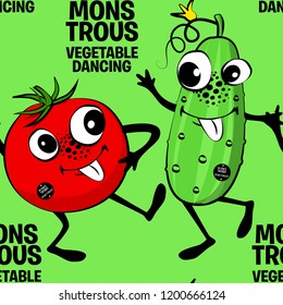 Vector seamless pattern with vegetables-monsters. Tomato and cucumber. Vegetables-monsters are dancing.