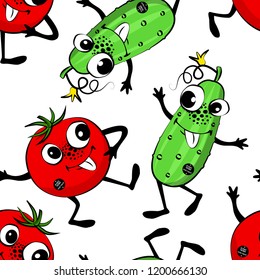 Vector seamless pattern with vegetables-monsters. Tomato and cucumber.