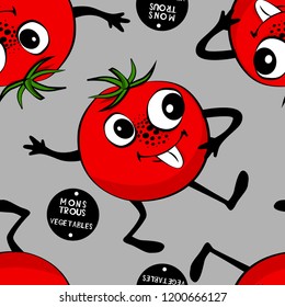 Vector seamless pattern with vegetables-monsters. Tomato-monster.
