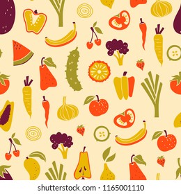 Vector Seamless Pattern with Vegetarian Food on White Background