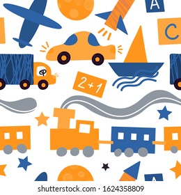 Vector seamless pattern with vehicles and toys for children. Yellow and blue background for a children's store, kindergarten, packaging of children's goods, children's textiles for boys.