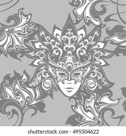 vector seamless pattern with Venetian carnival mask and flowers. Decorative theatrical face with crown and floral patterns for design of fabrics, packaging, wallpaper