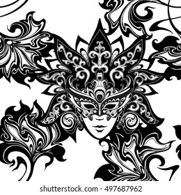 vector seamless pattern with Venetian carnival mask and flowers. Decorative theatrical face with crown and floral patterns for design of fabrics, packaging, wallpaper