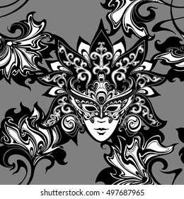 vector seamless pattern with Venetian carnival mask and flowers. Decorative theatrical face with crown and floral patterns for design of fabrics, packaging, wallpaper