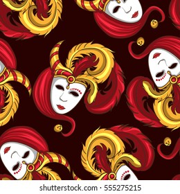 vector seamless pattern with Venetian masks on a dark background. Carnival mask with the stripeg gold horn and jewels, with red and yellow feathers.