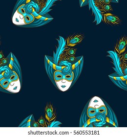 vector seamless pattern with Venetian masks. carnival mask with striped horns, peacock feathers and textile decorations.