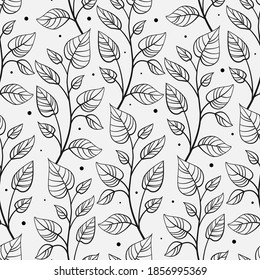 Vector seamless pattern with vertical abstract foliate branches; black twigs on white background; for greeting cards, posters, banners, wrapping paper.