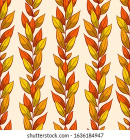 Vector seamless pattern with vertical autumn branches and leaves; colorful natural design for fabric, wallpaper, textile, wrapping paper, package, web design.