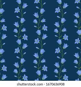 Vector seamless pattern with vertical bell flower (campanula flowers) twigs on blue background; spring natural design for fabric, wallpaper, wrapping paper, packaging, textile, web design.