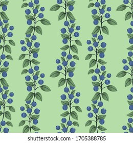 Vector seamless pattern with vertical blueberry branches on green background; berry design for fabric, wallpaper, wrapping paper, textile, package, web design.