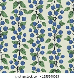 Vector seamless pattern with vertical blueberry twigs; for greeting cards, wrapping paper, invitations, posters, banners.