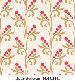 Vector seamless pattern with vertical branches. Abstract branches, leaves and berries. Design for fabrics, wallpapers, textiles, web design.
