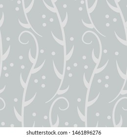 Vector seamless pattern with vertical branches. Grey abstract branches with leaves. 