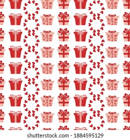 Vector seamless pattern, vertical lines with gift boxes, hearts and cute ribbon bow. Cartoon flat style. Background for Valentines day, birthday, wedding, anniversary texture. Romantic backdrop