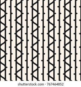Vector seamless pattern with vertical lines, wavy stripes, ink line elements. Black and white abstract geometric texture. Funky style monochrome repeat background. Design for decor, fabric, prints