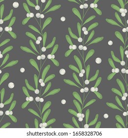 Vector seamless pattern with vertical mistletoe branches on dark gray background; white mistletoe for fabric, wallpaper, packaging, textile, web design.