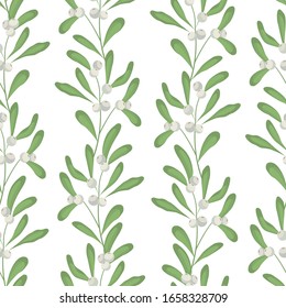 Vector seamless pattern with vertical mistletoe branches; white mistletoe for fabric, wallpaper, packaging, textile, web design.