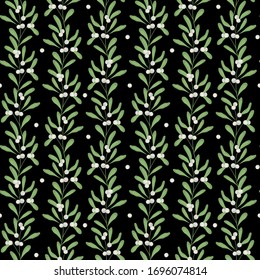 Vector seamless pattern with vertical mistletoe twigs on black background; white mistletoe for fabric, wallpaper, packaging, textile, web design.