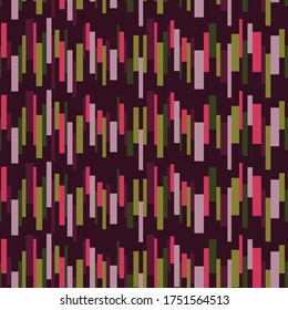 Vector seamless pattern with vertical rectangles arranged randomly in pink green violet colors creating a horizontal line on a dark brown background. Suitable for wallpaper, gift paper.