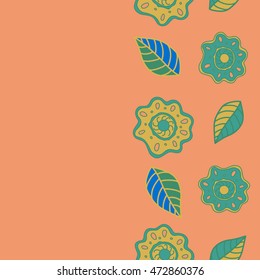 Vector seamless pattern of vertical stylized floral motif, hole, spots, flowers, doodles on colored background with copy space. Hand drawn. Vertical seamless floral background.