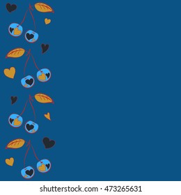 Vector seamless pattern of vertical stylized cherry love motif with hearts, hole, spots, doodles on colored background with copy space. Hand drawn. Vertical seamless cherry background.